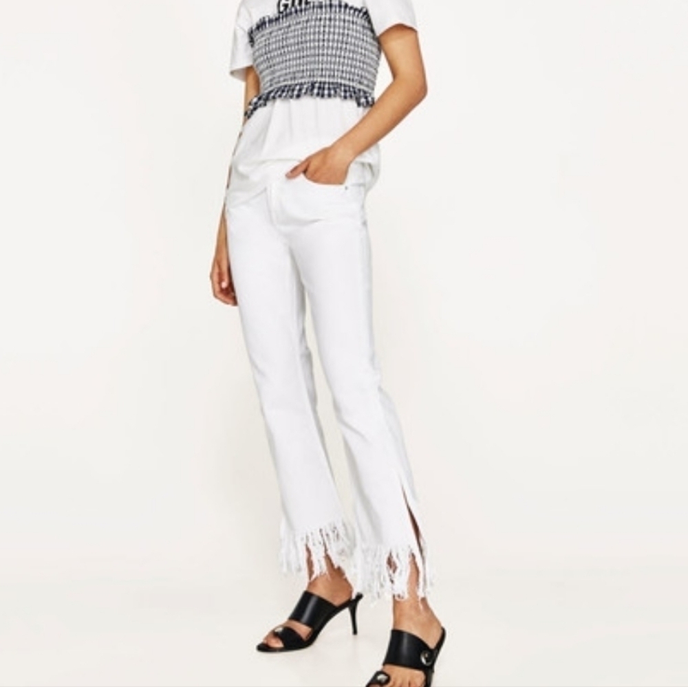 Zara White Denim Frayed Fringe Hem Jeans